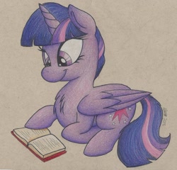 Size: 1715x1648 | Tagged: safe, artist:artisticwerks, derpibooru import, twilight sparkle, twilight sparkle (alicorn), alicorn, pony, book, chest fluff, female, mare, prone, reading, solo, traditional art