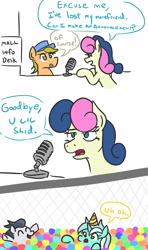 Size: 791x1339 | Tagged: safe, artist:jargon scott, bon bon, lyra heartstrings, rumble, sweetie drops, oc, earth pony, pegasus, pony, unicorn, adorabon, ball pit, bon bon is not amused, comic, cute, dialogue, eyes closed, female, hat, l.u.l.s., leaning, lesbian, lyrabetes, lyrabon, mall, meme, microphone, open mouth, parody, party hat, rumblebetes, shipping, u lil shid, unamused, vulgar