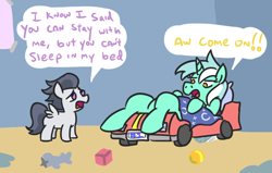 Size: 872x555 | Tagged: safe, artist:jargon scott, lyra heartstrings, rumble, ball, bed, blanket, block, dialogue, l.u.l.s., magazine, open mouth, poster, race car bed, spread wings