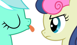 Size: 2128x1253 | Tagged: safe, artist:arifproject, bon bon, lyra heartstrings, sweetie drops, pony, bon bon is not amused, duo, eyes closed, simple background, tongue out, transparent background, unamused, vector