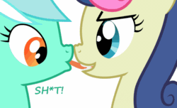 Size: 800x485 | Tagged: safe, artist:arifproject, bon bon, lyra heartstrings, sweetie drops, pony, animated, biting, bust, dialogue, eyes closed, female, gif, lesbian, lewd, lyrabon, nose wrinkle, open mouth, portrait, shipping, simple background, surprised, tongue bite, tongue out, vulgar, white background