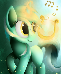 Size: 1024x1229 | Tagged: safe, artist:camyllea, lyra heartstrings, pony, unicorn, lyre, magic, missing cutie mark, music notes, smiling, solo, telekinesis