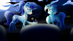 Size: 3000x1700 | Tagged: safe, artist:elmutanto, lyra heartstrings, oc, oc:raribot, pony, robot, robot pony, canon x oc, full moon, graveyard, marriage proposal, moon, raribot, shipping