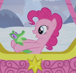 Size: 412x396 | Tagged: safe, screencap, gummy, pinkie pie, pony, not asking for trouble, cropped, hot air balloon, twinkling balloon