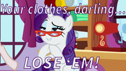 Size: 800x450 | Tagged: safe, edit, edited screencap, editor:jdmiles, screencap, rarity, pony, unicorn, she's all yak, bedroom eyes, caption, carousel boutique, darling, female, grin, hooves together, lidded eyes, mannequin, mare, raised eyebrow, rarity's glasses, sewing machine, sitting, smiling, solo, text, we don't normally wear clothes