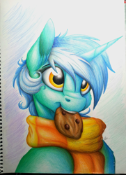 Size: 1904x2626 | Tagged: safe, artist:lupiarts, lyra heartstrings, pony, unicorn, bust, clothes, cookie, cute, food, mouth hold, portrait, scarf, smiling, solo, traditional art