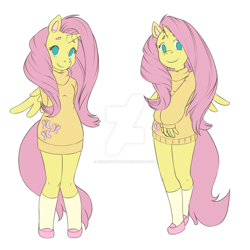 Size: 1024x1024 | Tagged: safe, artist:anarchypuppet, fluttershy, alicorn, anthro, alicornified, clothes, cutie mark clothes, fluttercorn, horn, looking at you, no pupils, race swap, shoes, simple background, socks, solo, spread wings, sweater, sweatershy, white background, wings