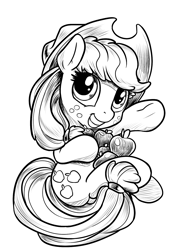 Size: 1200x1600 | Tagged: safe, artist:viwrastupr, part of a set, applejack, earth pony, pony, apple, cute, food, grayscale, jackabetes, looking at you, monochrome, smiling, solo