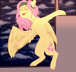 Size: 5192x4892 | Tagged: safe, artist:illustrativeauthor, artist:inklynn, fluttershy, pegasus, pony, absurd resolution, bandana, bipedal, eyes closed, jewelry, necklace, night, one wing out, open mouth, solo, talking