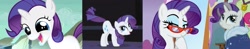 Size: 2557x500 | Tagged: safe, edit, edited screencap, screencap, rarity, dragon, pony, unicorn, dragon dropped, friendship is magic, the cutie mark chronicles, the last problem, age progression, butt, butt shake, cute, female, filly, filly rarity, glasses, grin, looking back, low quality, mare, offscreen character, older, older rarity, open mouth, plot, raribetes, skunk stripe, smiling, solo, solo focus, tail twirl, tail wag, tail whip, talking, twerking, younger