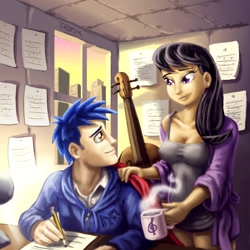 Size: 1080x1080 | Tagged: safe, artist:pluckyninja, blues, noteworthy, octavia melody, human, cello, female, humanized, male, musical instrument, notetavia, shipping, straight