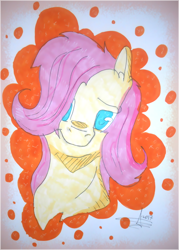 Size: 714x1000 | Tagged: safe, artist:plushie-paillou, fluttershy, pegasus, pony, bust, head tilt, looking at you, markers, portrait, smiling, solo, traditional art