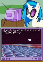 Size: 564x800 | Tagged: safe, dj pon-3, vinyl scratch, pony, unicorn, exploitable meme, funk, herbie hancock, jazz, meme, music, obligatory pony, rockit, tv meme