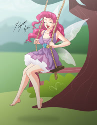Size: 2153x2786 | Tagged: safe, artist:shinta-girl, pinkie pie, human, barefoot, eyes closed, fairy, feet, female, humanized, legs, solo, swing, tree, winged humanization, wings
