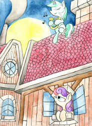 Size: 2550x3480 | Tagged: safe, artist:talonsofwater, bon bon, lyra heartstrings, sweetie drops, bon bon is not amused, eyes closed, full moon, harp, lyre, moon, music notes, musical instrument, night, roof, rooftop, smoke, traditional art, unamused, watercolor painting, window