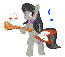 Size: 1936x1711 | Tagged: safe, artist:timorikawa, octavia melody, earth pony, pony, bipedal, blush sticker, blushing, female, guitar, looking at you, mare, music notes, pixiv, simple background, smiling, solo, white background