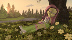 Size: 2000x1125 | Tagged: safe, artist:yanpictures, fluttershy, sweetie belle, pony, unicorn, equestria girls, 3d, boots, clothes, cute, eyes closed, forest, resting, river, scenery, shoes, skirt, socks, source filmmaker, tanktop, tree