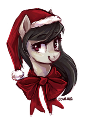Size: 728x986 | Tagged: safe, artist:johling, octavia melody, earth pony, pony, bow, bust, christmas, cute, hat, holiday, neck bow, portrait, santa hat, simple background, smiling, solo, tavibetes, transparent background