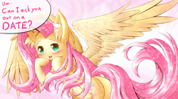 Size: 2000x1110 | Tagged: safe, artist:phoenixperegrine, fluttershy, pegasus, pony, blushing, bronybait, cute, dialogue, ear fluff, female, looking at you, mare, open mouth, plot, shyabetes, smiling, solo, sparkles, speech bubble, spread wings, wings