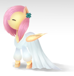 Size: 886x910 | Tagged: safe, artist:1human1, fluttershy, pegasus, pony, alternate hairstyle, clothes, dress, eyes closed, folded wings, profile, solo, standing, white dress