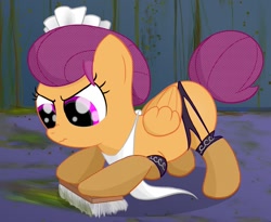 Size: 896x735 | Tagged: safe, artist:ohohokapi, scootaloo, brush, clothes, maid, scrubbing, solo, tomboy taming, urinal