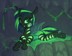 Size: 971x760 | Tagged: safe, artist:carnifex, oc, oc only, oc:queen scarlet, changeling, changeling queen, goo, hybrid, bioluminescent, cave, changeling oc, changeling queen oc, commission, female, green changeling, hive, interspecies offspring, mare, offspring, parent:oc:jack hyperfreak, parent:queen chrysalis, parents:canon x oc, princess, royalty, solo, stripes