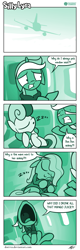 Size: 627x1958 | Tagged: safe, artist:dori-to, bon bon, lyra heartstrings, sweetie drops, earth pony, pony, unicorn, comic:silly lyra, clothes, cloud, cloudy, comic, desperation, dialogue, eyes closed, female, floppy ears, greenscale, hoodie, mare, monochrome, need to pee, omorashi, open mouth, plane, plushie, potty emergency, potty time, silly lyra, sleeping, smiling, yelling, zzz