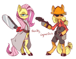 Size: 1413x1101 | Tagged: safe, artist:xenon, applejack, fluttershy, earth pony, pegasus, pony, semi-anthro, crossover, engiejack, engineer, fluttermedic, glasses, medic, team fortress 2
