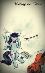 Size: 2203x3503 | Tagged: safe, artist:urbanhawk, octavia melody, earth pony, pony, bed, bow (instrument), bowtie, cello, cello bow, floppy ears, ink, music, music notes, musical instrument, pillow, quill, sheet music, solo, tired, traditional art, yawn