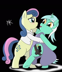 Size: 2023x2354 | Tagged: safe, artist:pony4koma, bon bon, lyra heartstrings, sweetie drops, pony, bipedal, black background, blushing, bon bond, clothes, dancing, dress, female, gun, james bond, kissy face, lesbian, lidded eyes, looking at each other, lyrabon, open mouth, shipping, simple background, smiling, underhoof, weapon