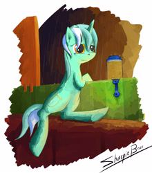 Size: 3302x3746 | Tagged: safe, artist:sharpieboss, lyra heartstrings, firefly (insect), pony, unicorn, fanfic art, female, firefly lamp, lantern, mare, rain, sitting, smiling, solo, train, wet mane