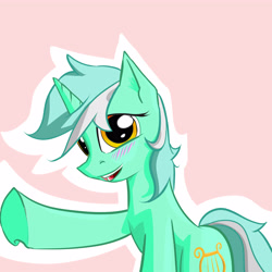 Size: 5000x5000 | Tagged: safe, artist:sharpieboss, lyra heartstrings, pony, unicorn, absurd resolution, blushing, looking at you, open mouth, pink background, raised hoof, simple background, smiling, solo, underhoof, waving