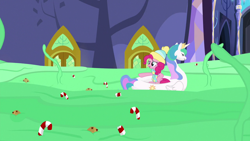 Size: 1280x720 | Tagged: safe, screencap, pinkie pie, princess celestia, alicorn, earth pony, pony, best gift ever, candy, candy cane, food, pool toy, pudding, puddinghead's pudding, swanlestia