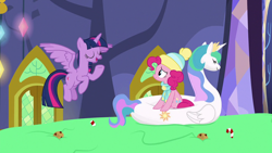 Size: 1280x720 | Tagged: safe, screencap, pinkie pie, princess celestia, twilight sparkle, twilight sparkle (alicorn), alicorn, earth pony, pony, best gift ever, female, food, inflatable, mare, pool toy, pudding, swanlestia