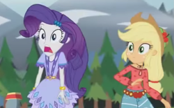 Size: 927x579 | Tagged: safe, screencap, applejack, rarity, equestria girls, legend of everfree, camp fashion show outfit