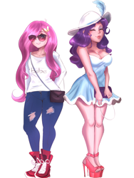 Size: 2344x3125 | Tagged: safe, artist:mrscurlystyles, fluttershy, rarity, human, adorasexy, breasts, cleavage, clothes, cute, dress, duo, eyes closed, female, hat, high heels, humanized, pants, raritits, sexy, shirt, shoes, simple background, smiling, sunglasses, white background