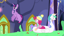 Size: 1280x720 | Tagged: safe, screencap, pinkie pie, princess celestia, twilight sparkle, twilight sparkle (alicorn), alicorn, earth pony, pony, best gift ever, food, pudding, puddinghead's pudding, swanlestia