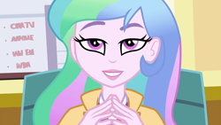 Size: 1920x1080 | Tagged: safe, screencap, princess celestia, principal celestia, equestria girls, rainbow rocks, celestia's office, gendo pose, solo