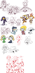 Size: 2000x4147 | Tagged: safe, artist:xenon, applejack, fluttershy, pinkie pie, earth pony, pegasus, pony, clothes, crossover, dress, froufrou glittery lacy outfit, giroro, hennin, keroro gunsou, sketch, sketch dump, tamama, unshorn fetlocks