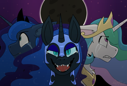 Size: 4376x3000 | Tagged: safe, artist:corruptedcryptid, nightmare moon, princess celestia, princess luna, alicorn, pony, crown, crying, eclipse, female, full moon, jewelry, lunar eclipse, mare, moon, regalia