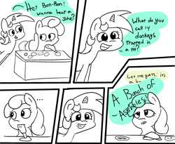 Size: 2450x2008 | Tagged: safe, artist:davierocket, bon bon, lyra heartstrings, sweetie drops, earth pony, pony, unicorn, ..., :, bon bon is not amused, comic, dialogue, eye contact, female, frown, grin, lidded eyes, looking at each other, looking back, mare, mouth hold, open mouth, partial color, pun, simple background, smiling, speech bubble, squee, unamused, vulgar, white background, wide eyes