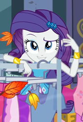 Size: 723x1050 | Tagged: safe, screencap, rarity, better together, equestria girls, street chic, autumn, beautiful, bracelet, clothes, clothes rack, cropped, female, jewelry, leaves, lip bite, looking at you, raised eyebrow, smiling, solo, wind