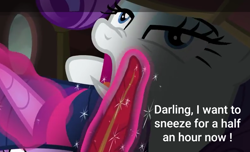 Size: 790x480 | Tagged: safe, edit, edited screencap, screencap, rarity, pony, unicorn, gauntlet of fire, darling, desperation, duo, gasp, lidded eyes, pre sneeze, quill, scrunched muzzle, sneezing, text