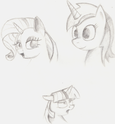 Size: 1250x1342 | Tagged: safe, artist:itsthinking, lyra heartstrings, rarity, twilight sparkle, pony, unicorn, bust, faic, monochrome, pencil drawing, portrait, traditional art