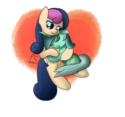 Size: 3200x3000 | Tagged: safe, artist:lyres-art, bon bon, lyra heartstrings, sweetie drops, earth pony, pony, unicorn, abstract background, female, heart, hug, lesbian, lyrabon, shipping