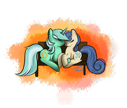 Size: 3500x3000 | Tagged: safe, artist:lyres-art, bon bon, lyra heartstrings, sweetie drops, earth pony, pony, unicorn, abstract background, bench, eyes closed, female, lesbian, lyrabon, shipping, smiling