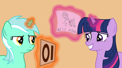 Size: 1920x1080 | Tagged: safe, artist:jezendar, lyra heartstrings, twilight sparkle, best pony, drawing, duo, exploitable meme, glowing horn, grin, levitation, looking at each other, lyra is not amused, lyra's score, magic, meme, nervous, nervous grin, orange background, paper, simple background, smiling, telekinesis