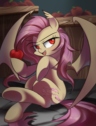 Size: 1001x1301 | Tagged: safe, artist:sion-ara, fluttershy, bat pony, pony, apple, bat ponified, cute, fangs, female, flutterbat, food, mare, race swap, red eyes, smiling, solo