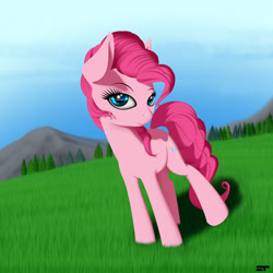 Size: 2400x2400 | Tagged: safe, artist:styroponyworks, pinkie pie, earth pony, pony, female, grass field, looking at you, mare, mountain, scenery, sky, smiling, solo, tree