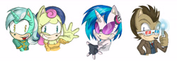 Size: 6780x2328 | Tagged: dead source, safe, artist:atomiclance, bon bon, dj pon-3, doctor whooves, lyra heartstrings, sweetie drops, vinyl scratch, anthro, absurd resolution, crossover, doctor who, headphones, sonic screwdriver, sonic the hedgehog (series), sonicified